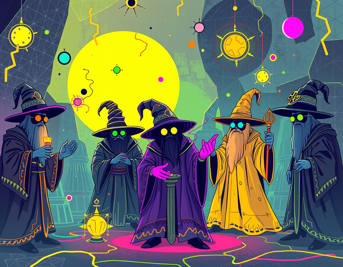 Futuristic wizards with Memphis design elements